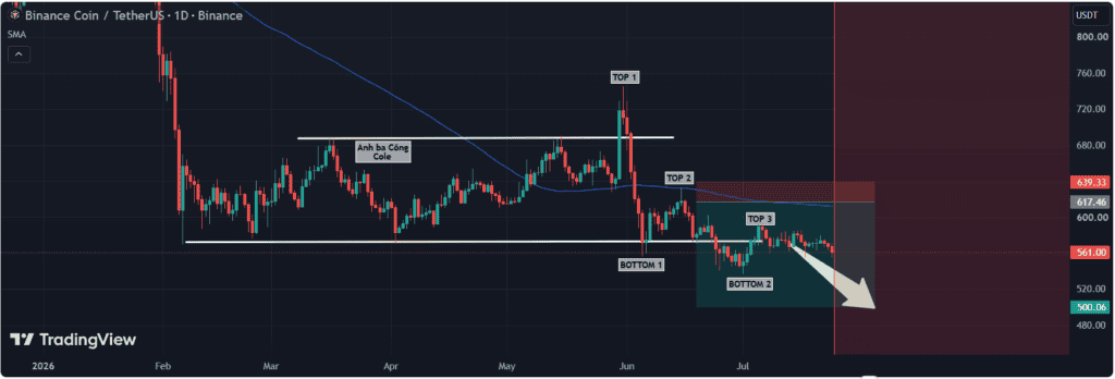 BNB has formed another lower high, reinforcing the broader weakening trend and continued bearish price structure