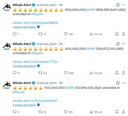 리플의 9월 언락으로 10억 XRP 토큰이 해제됩니다. 출처: X/@whale_alert
