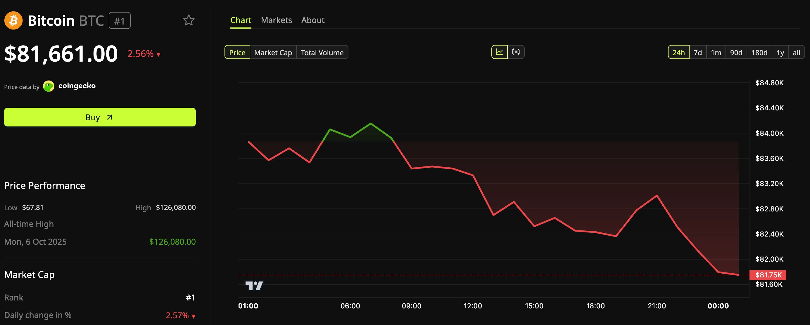 Bitcoin Fiyat Performansı, 24 Saatlik Grafik