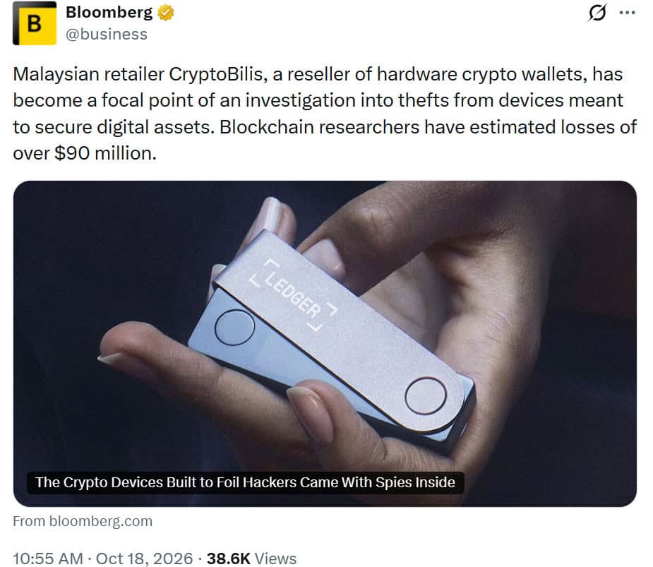 CryptoBilis hardware wallet incident cost over $90 million in crypto losses