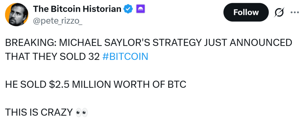 Strategy sold 32 BTC for roughly $2.5 million between May 26–31, its first sale since 2022, using the proceeds to fund preferred-stock dividends