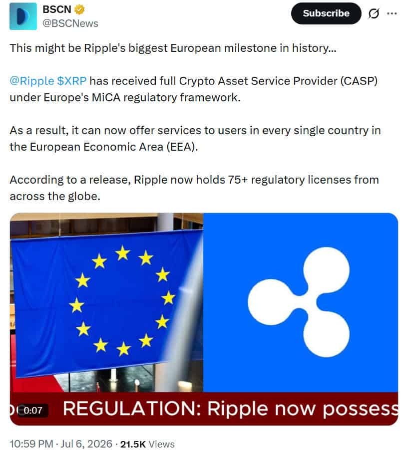 Ripple secured a full MiCA CASP license from Luxembourg, enabling regulated crypto custody, exchange, and transfer services across the European Economic Area