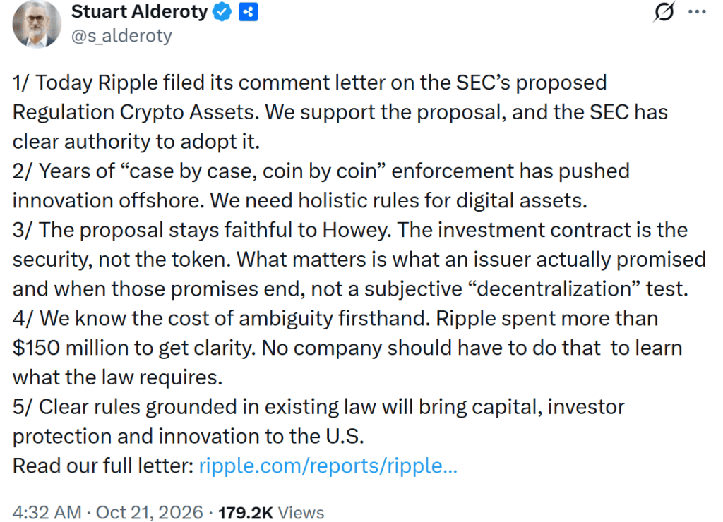 The post criticizes enforcement-driven regulation for pushing crypto innovation overseas and urges clear
