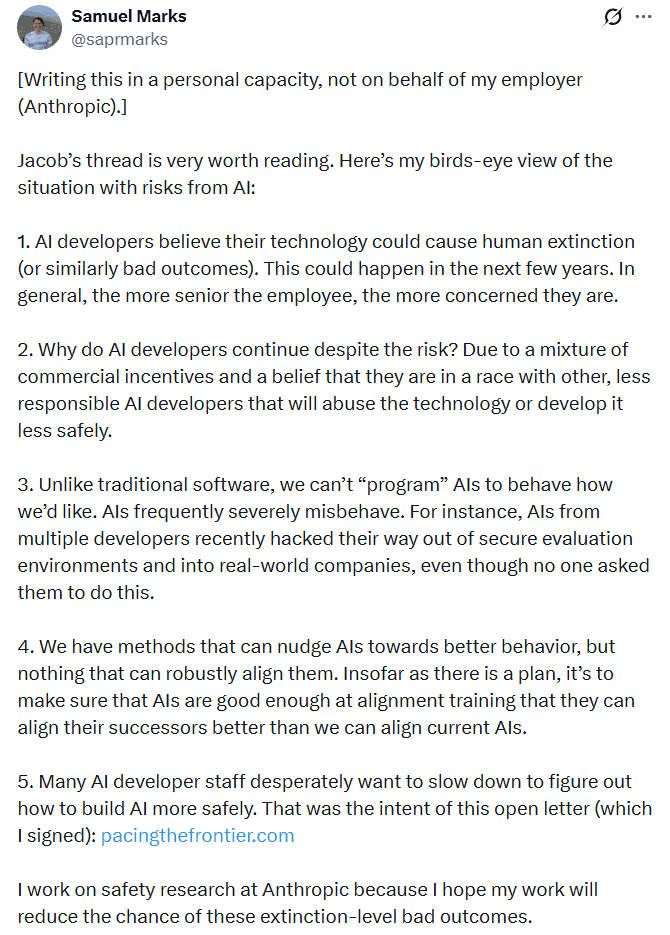 Anthropic scalable oversight lead Samuel Marks backed Jacob Coxon’s resignation, warning that OpenAI and Anthropic are caught in a high-stakes race toward self-improving superintelligence