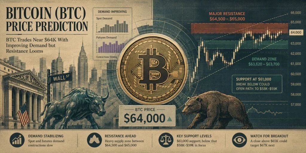 Bitcoin (BTC) Price Prediction: BTC Trades Near $64K With Improving Demand but Resistance Looms