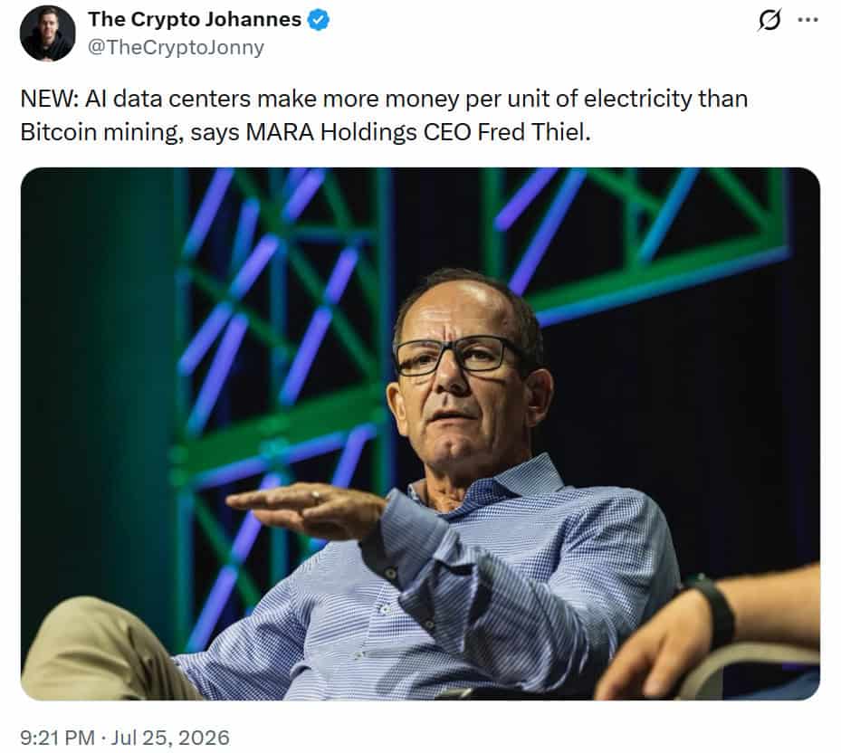News: MARA Holdings CEO Fred Thiel said AI data centers generate more revenue per unit of electricity than Bitcoin mining operations