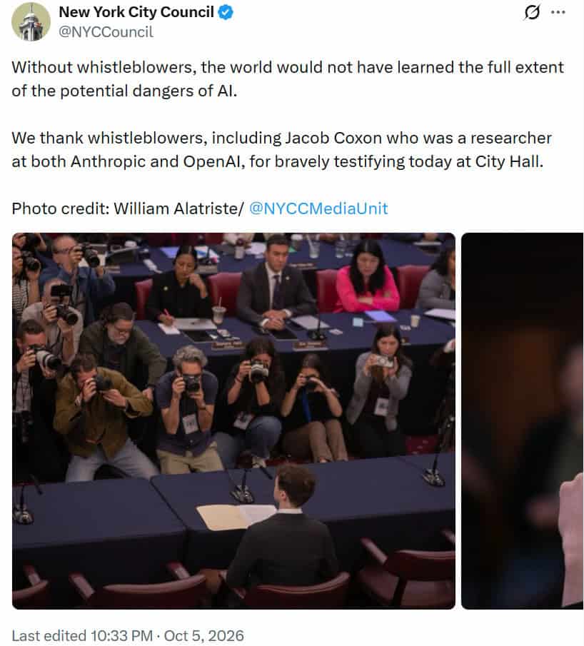 Coxon at NYC AI Hearing news