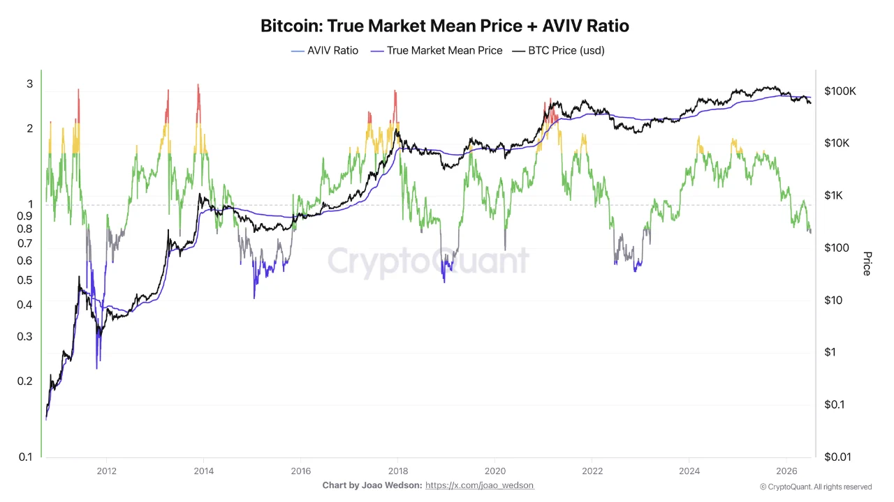 График индикаторов True Market Mean и AVIV для биткоина