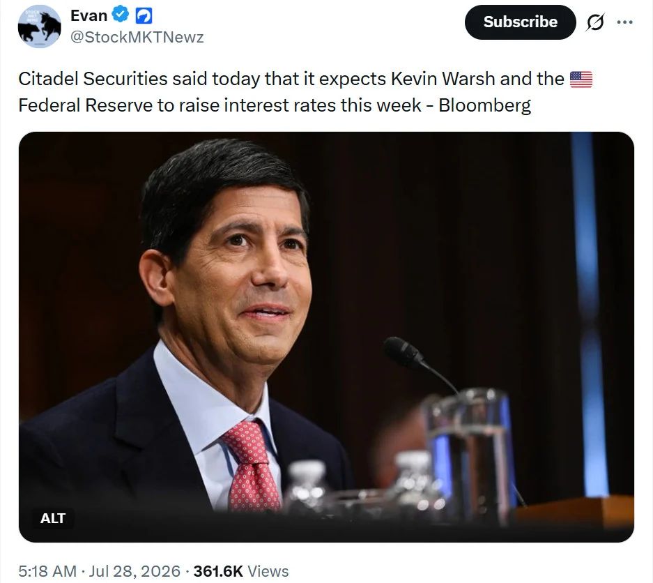 StockMKTNewz reported Citadel Securities’ contrarian forecast that the Fed could deliver a surprise 25-basis-point rate hike