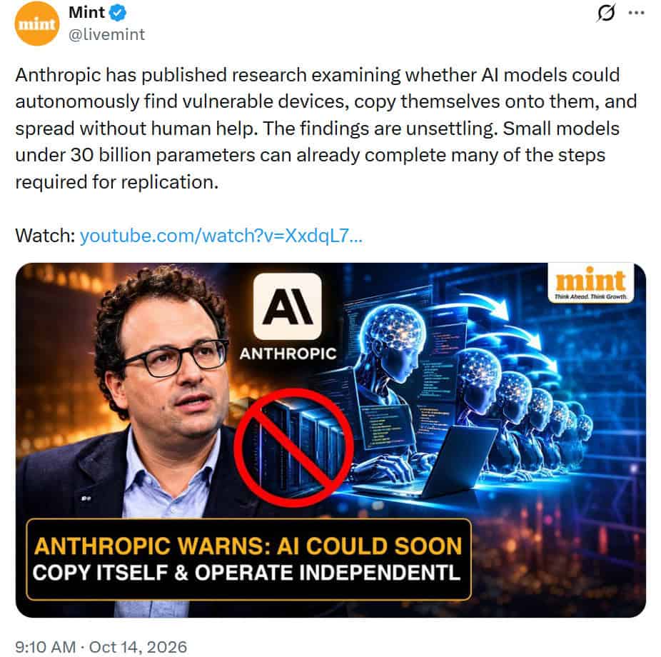 Anthropic warns that small AI models could enable self-replicating news report