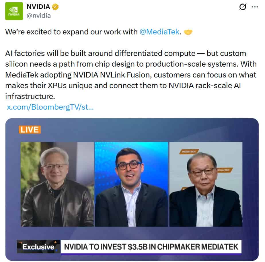 MediaTek’s adoption of NVIDIA NVLink Fusion gives customers a path to integrate differentiated custom XPUs with NVIDIA’s rack-scale AI infrastructure