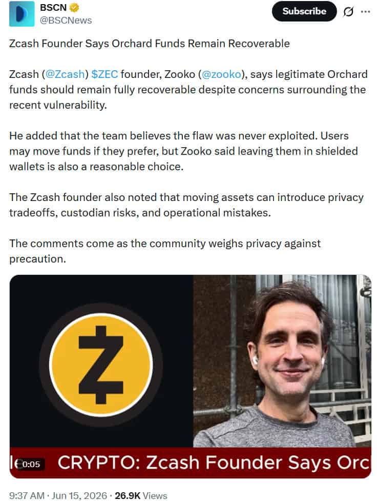 Zcash founder Zooko said the Orchard vulnerability was likely never exploited, and legitimate funds remain recoverable