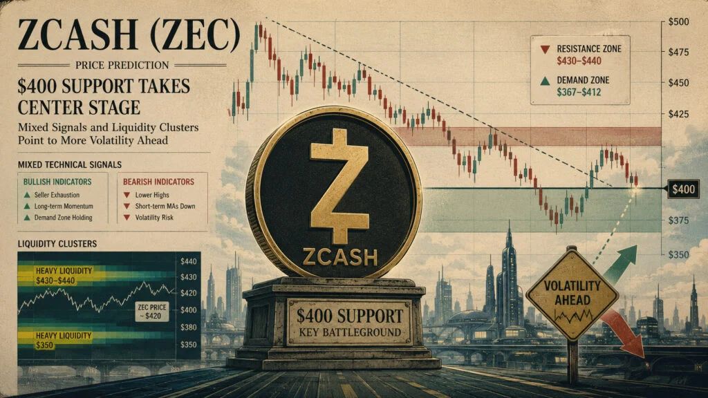 Zcash (ZEC) Price Prediction: $400 Support Takes Center Stage as Mixed Signals and Liquidity Clusters Point to More Volatility Ahead