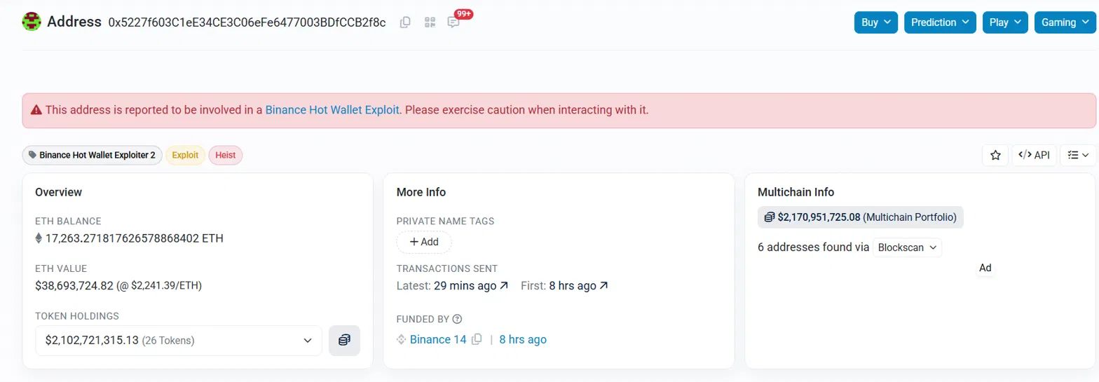 Адрес Binance Hot Wallet Exploiter 2 в обозревателе Etherscan