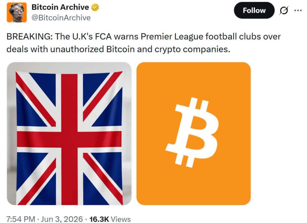 The U.K.'s FCA has warned Premier League clubs that sponsorship deals with unauthorized Bitcoin and crypto firms could create legal, regulatory, and reputational risks