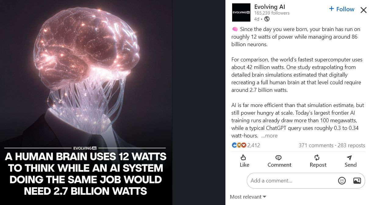 LinkedIn 上疯传人脑只需 12 瓦特。来源：Evolving AI
