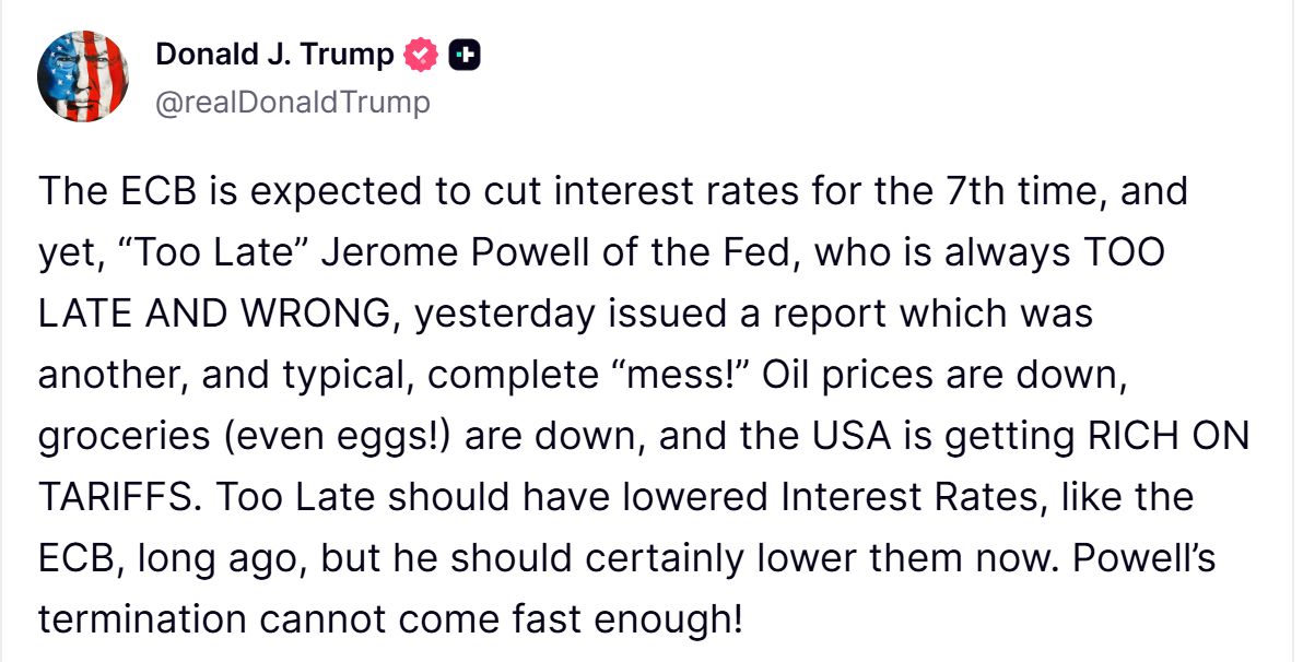 Trump ilkbaharda Powell’ı yavaş ve geç kalmakla suçladı. Kaynak: Trump on Truth Social