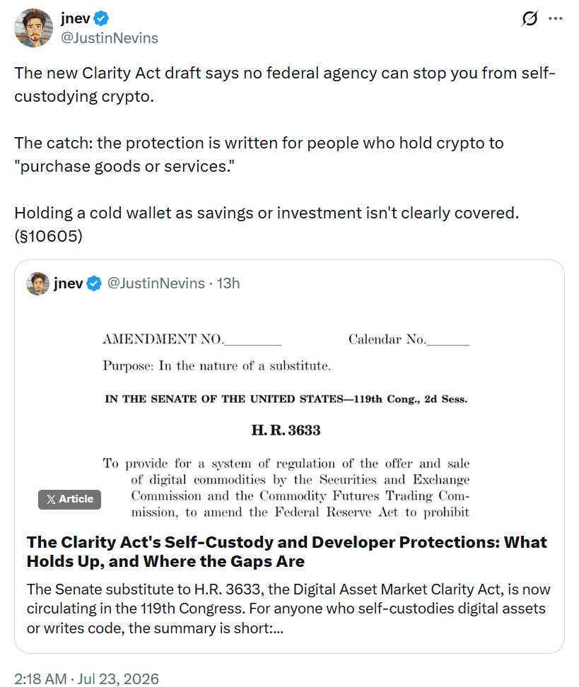 The post criticizes the CLARITY Act draft for protecting self-custody while limiting explicit safeguards to crypto held for purchasing goods or services under §10605