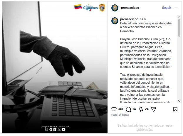 Joven de 23 años es arrestado por hackear cuentas de Binance. Fuente: Instagram/prensacicpc