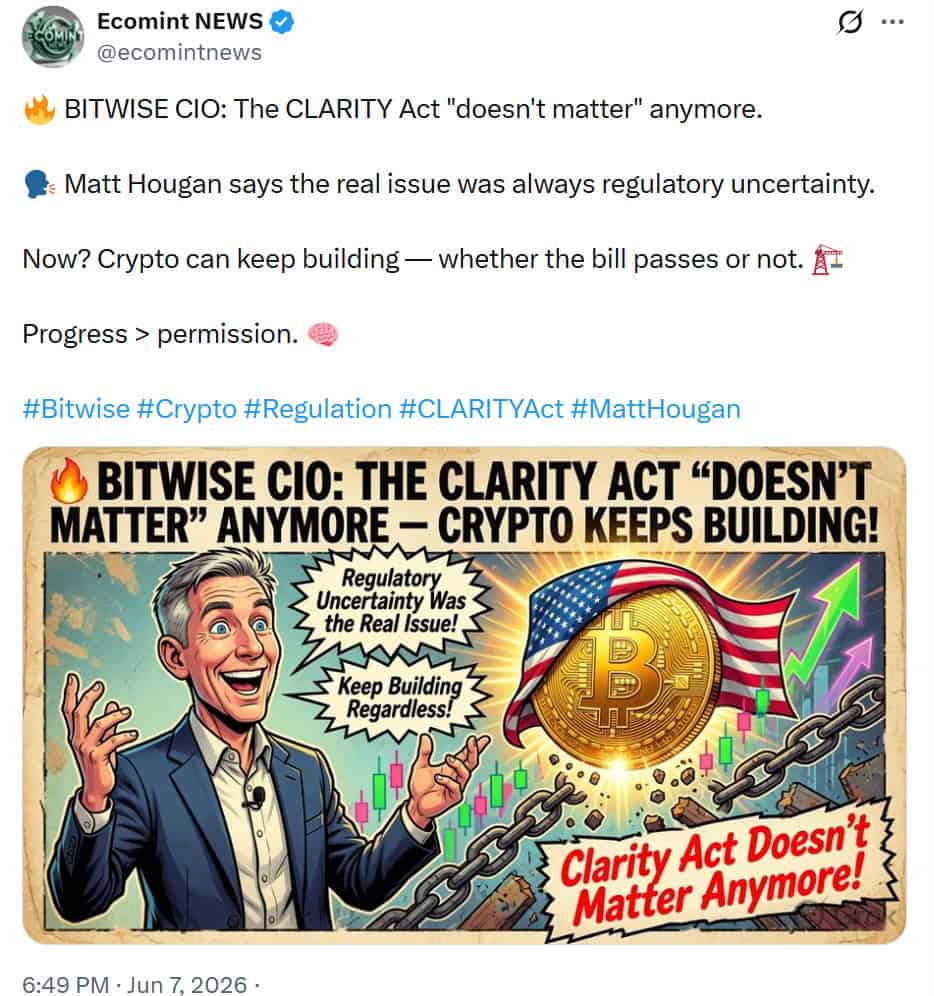 Bitwise CIO Matt Hougan said the CLARITY Act is no longer critical for crypto, arguing that regulatory uncertainty has largely eased and innovation should continue