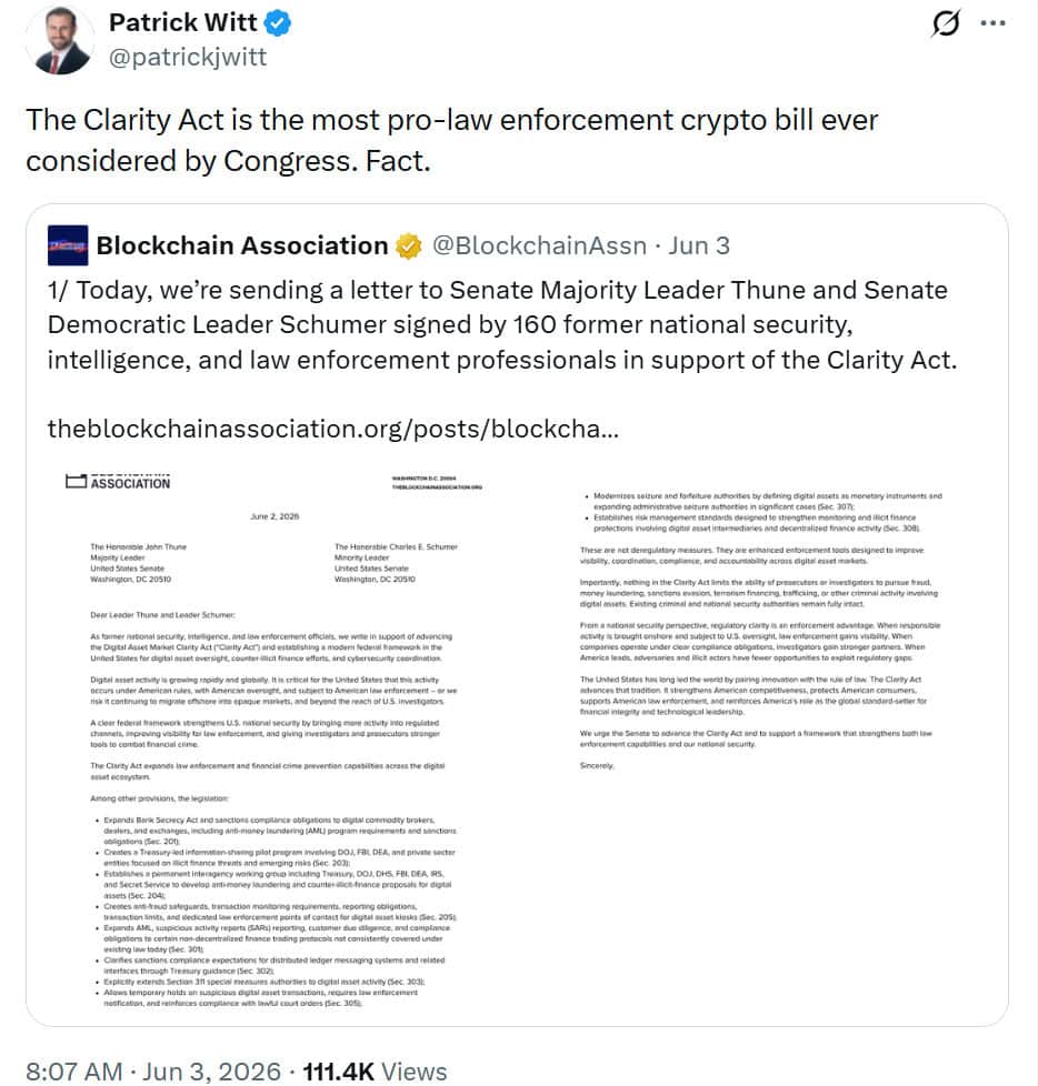 White House crypto adviser Patrick Witt called the CLARITY Act the most law-enforcement-friendly crypto bill