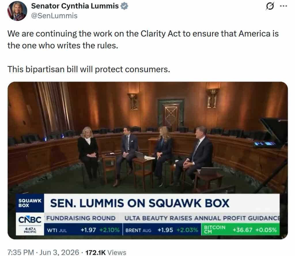 Senator Cynthia Lummis emphasized ongoing bipartisan efforts to advance the CLARITY Act and establish a regulatory framework for digital assets