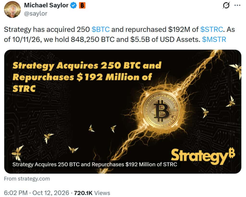Michael Saylor acquired 250 BTC for $21.5 million and repurchased $192 million in STRC preferred shares Bitcoin news today
