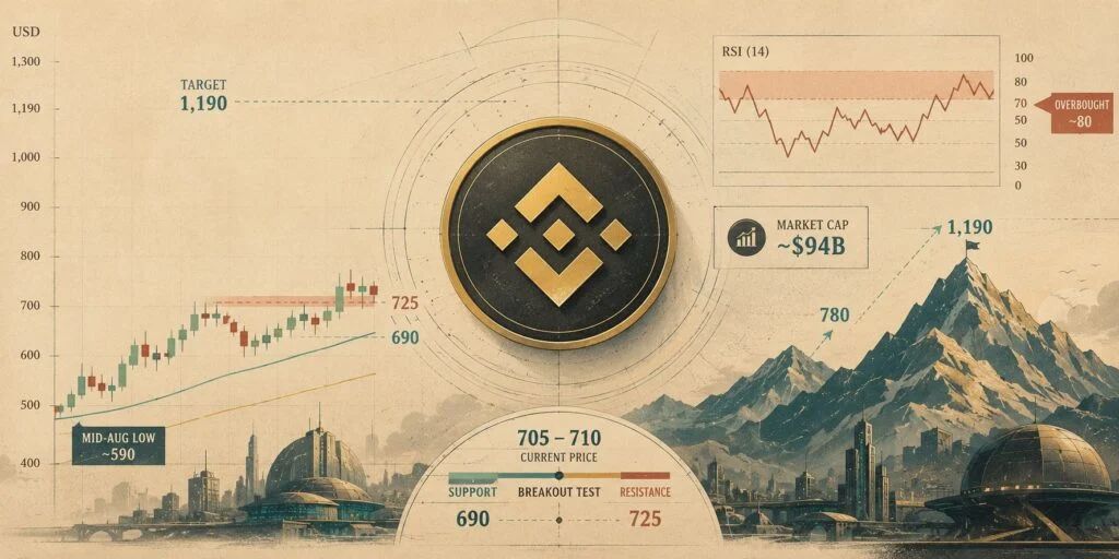 BNB Price Prediction: Overbought RSI Puts $725 Breakout to the Test as Bulls Target $1,190