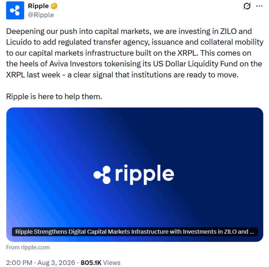 Aviva Investors’ tokenization of its USD Liquidity Fund on XRPL, following Central Bank of Ireland approval