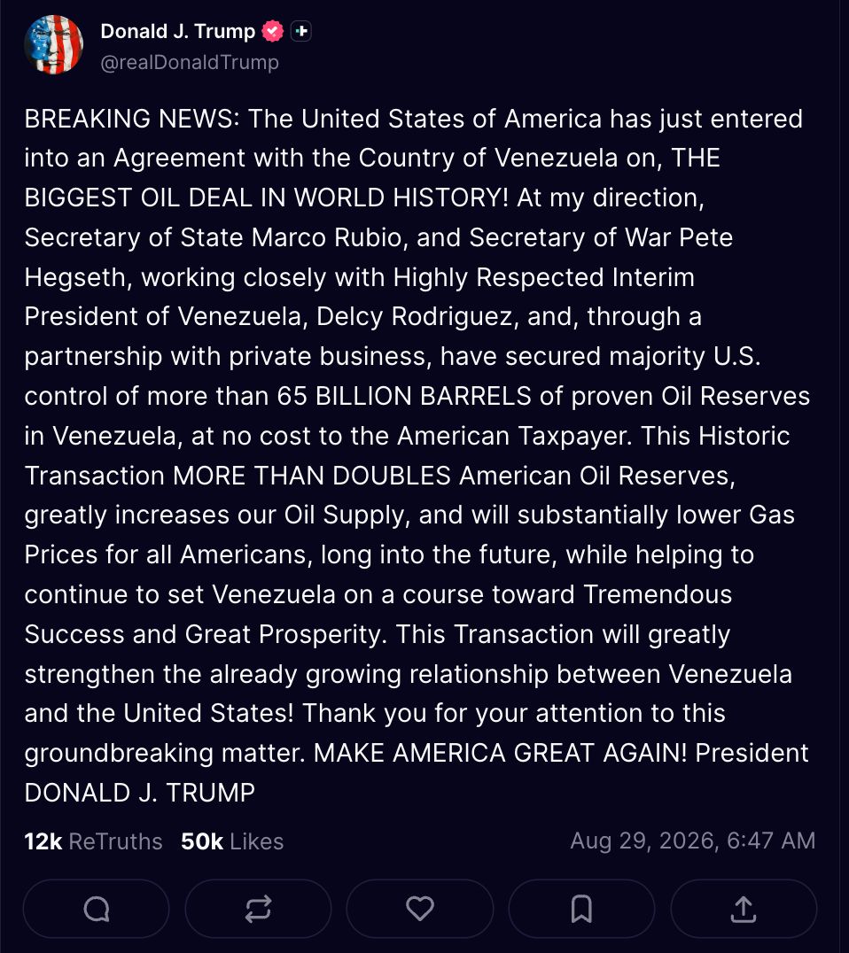 トランプ氏はこの合意でガソリン価格が下がると約束した 出典： Truth Social