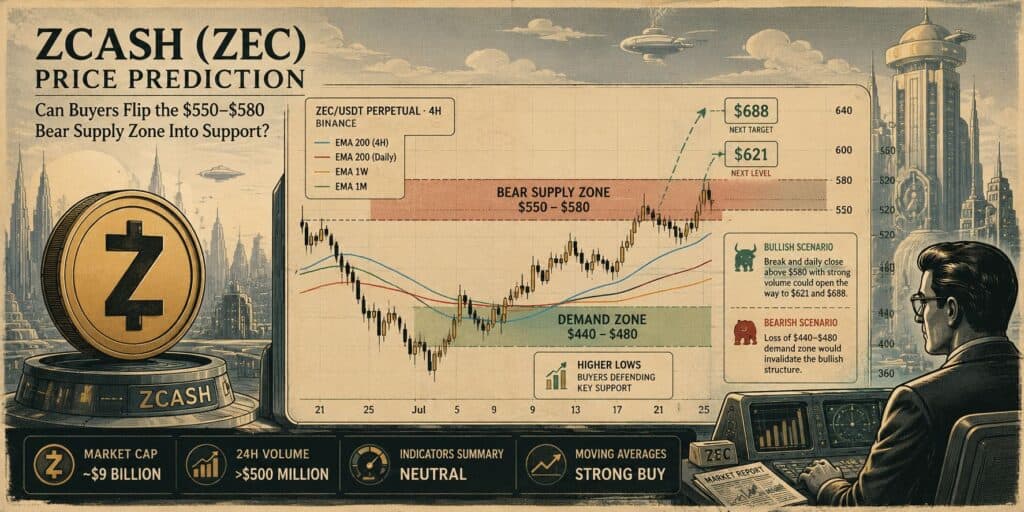 Zcash (ZEC) Price Prediction: Can Buyers Flip the $550–$580 Bear Supply Zone Into Support?