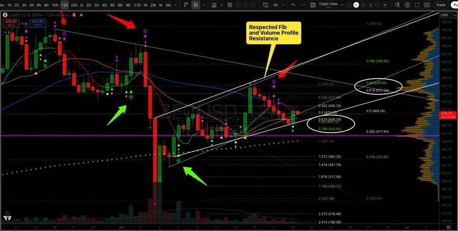 A 12-hour Zcash chart shows price testing key trendlines and the Fibonacci golden pocket while finding support at the 8-period and 20-period moving averages, signaling resilience in the current uptrend
