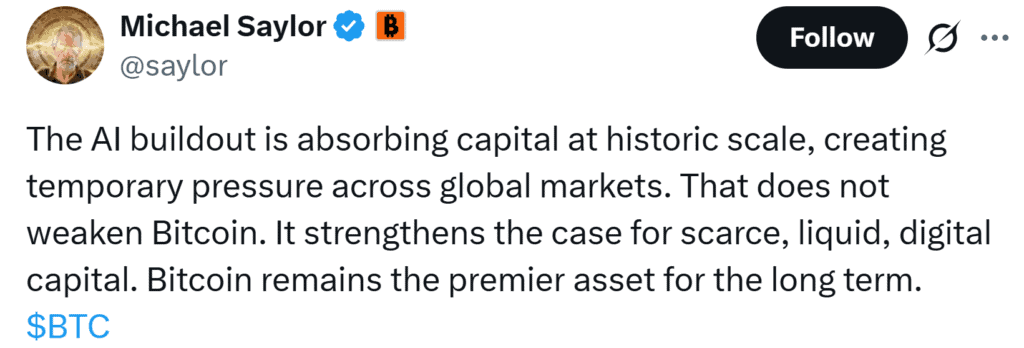 Saylor said the AI investment boom is temporarily diverting capital from markets but believes it ultimately reinforces Bitcoin’s long-term value