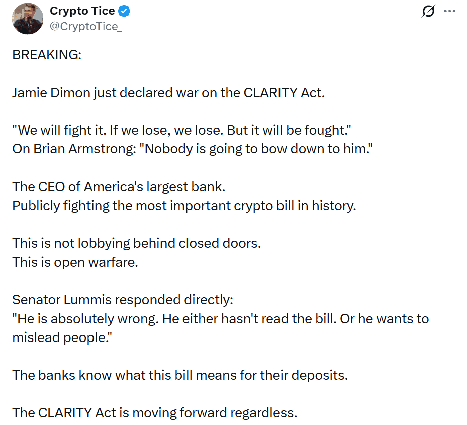 JPMorgan CEO Jamie Dimon opposed the CLARITY Act, arguing that its stablecoin provisions could enable bank-like rewards without equivalent regulatory safeguards
